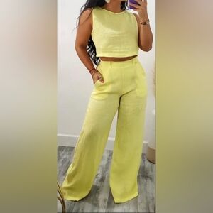 Yellow Wide-Leg High-Waisted Pants Set